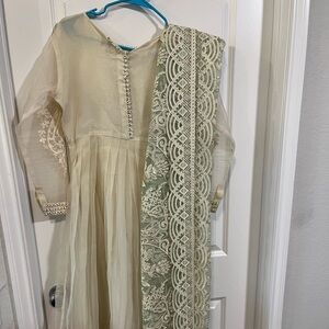Indian Pakistani Cream and Green Salwar Kameez Set